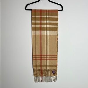Phenix | 100% Cashmere Tan and Red Plaid Scarf with Fringe
